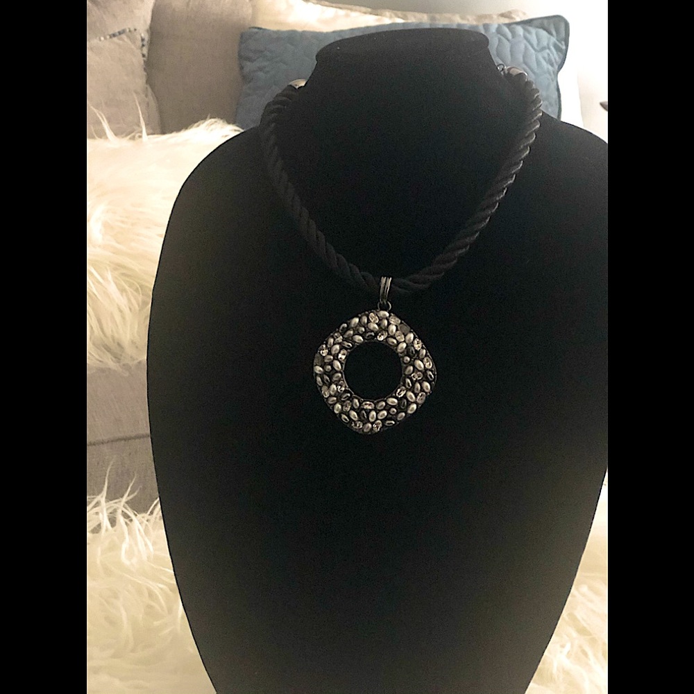 Chico’s Black Corded Necklace w/Stone Medallion